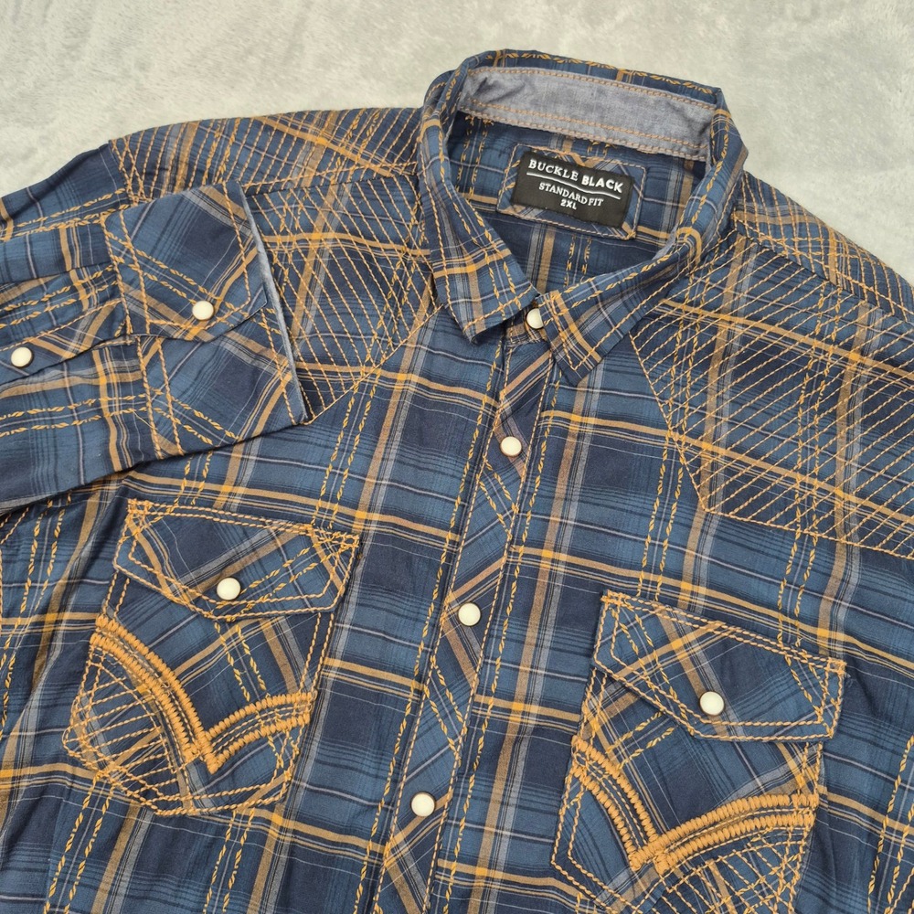 Buckle Black Mens 2XL Navy Blue Orange Plaid Western Snap Embroidered Shirt